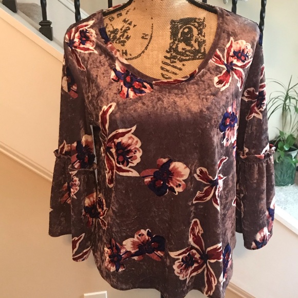 SOLD-Siena Sky Colorful Floral Velvet Bell Sleeve Top - Picture 1 of 7